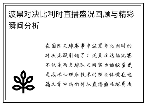 波黑对决比利时直播盛况回顾与精彩瞬间分析